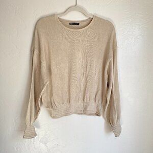 Zara Ribbed Knit Smocked Slouchy Long Sleeve Top Size Small